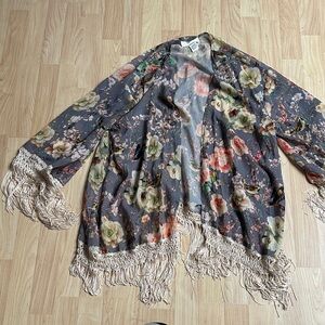 Vintage Sheer Floral Kimono with Fringe